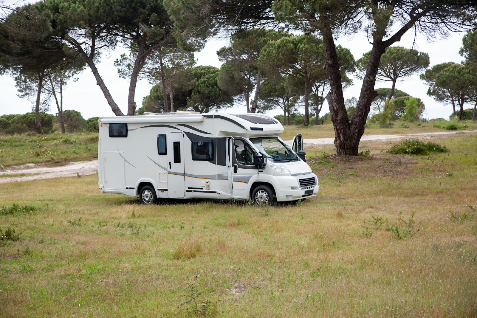 Captivating shot of a campervan amidst a serene field in Portugal, surrounded by trees.